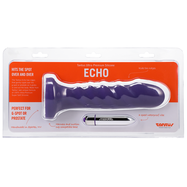 Tantus Silicone Echo Silicone Vibrator Midnight Purple packaging, premium sex toys Idaho