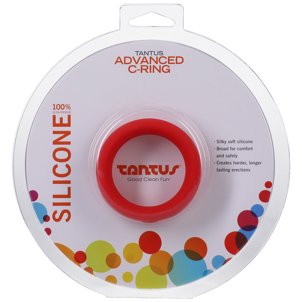 Cock Ring Advanced 1 3/4 inches Red packaging displaying 100% silicone construction for pleasure toys.