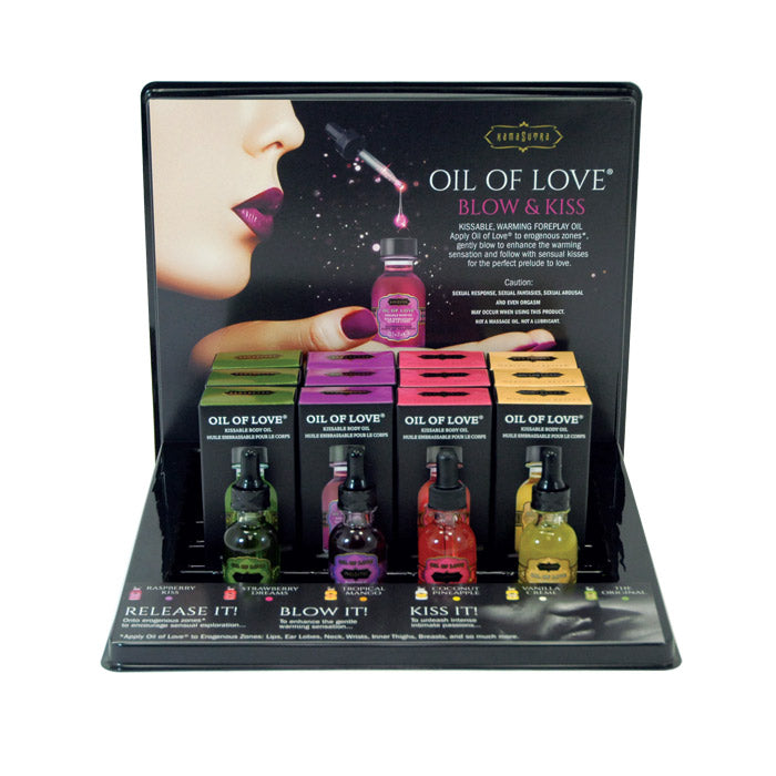 Oil of Love Prepack Display w Testers featuring various flavored oils for adult pleasure and intimacy.