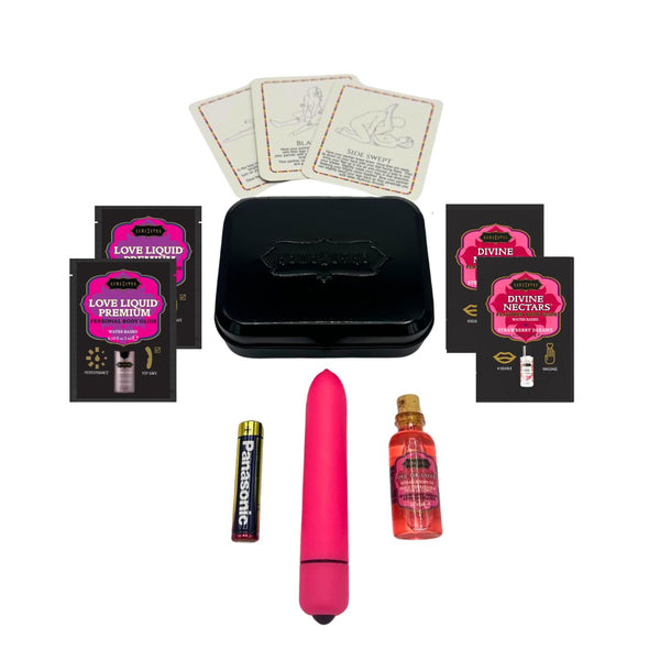 WEEKENDER KIT VIBE Strawberry Dreams Includes: Oil of Love, Reusable 10 speed mini vibe, Massage Oil, Love Liquid and Erotic Playcards.