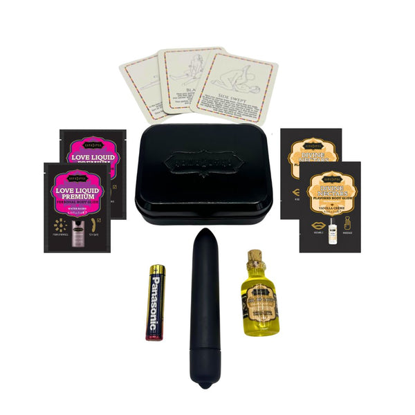 WEEKENDER KIT VIBE Vanilla Includes: Oil of Love, Reusable 10 speed mini vibe, Massage Oil, Love Liquid and Erotic Playcards.
