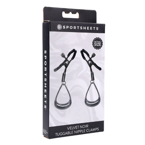 Velvet Noir Tuggable Nipple Clamps packaging, premium sex toys for discreet delivery, adult toys for beginners.