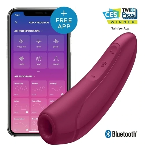 Curvy 1+ Rose red with Satisfyer app interface, a premium pleasure toy for couples and individuals.