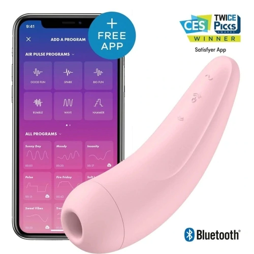 Curvy 2+ Pink vibrator next to Satisfyer app interface for enhanced pleasure control.