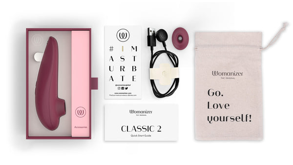 Classic 2 - Bordeaux vibrator and accessories in packaging
