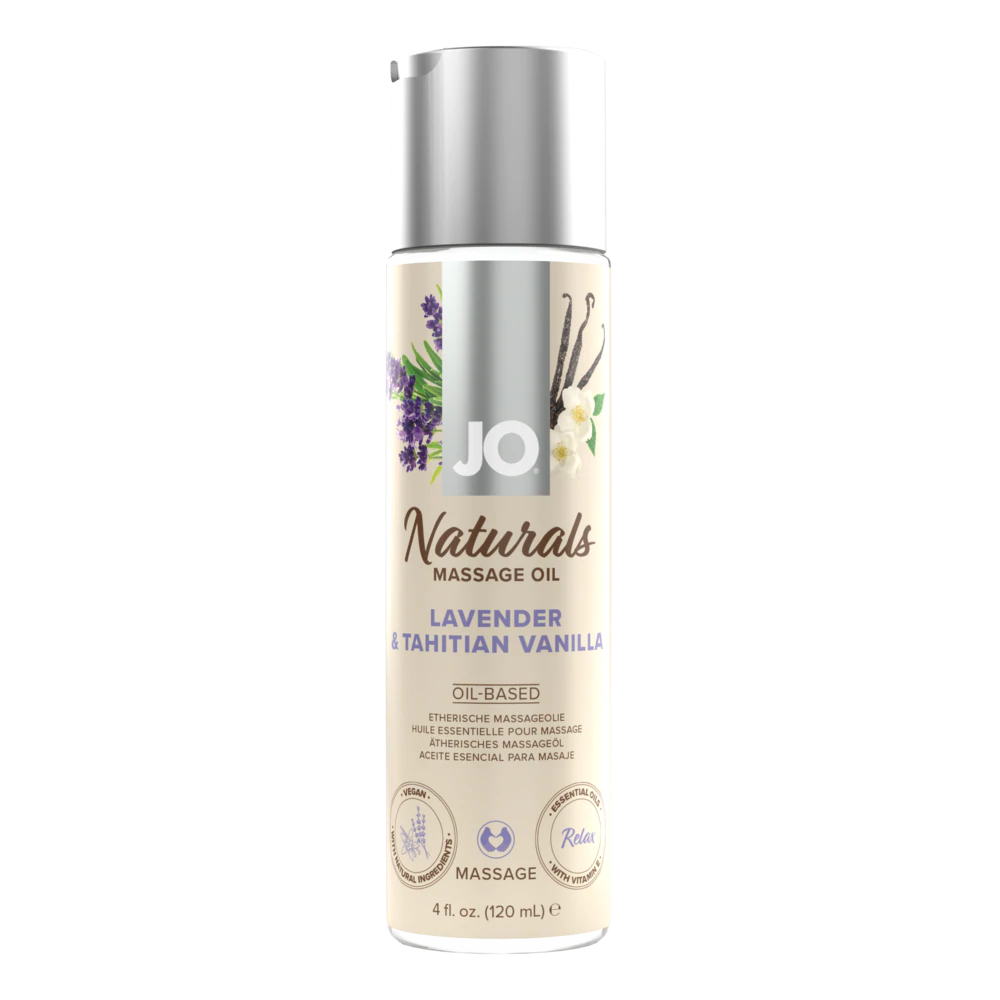 JO Naturals - Lavender & Vanilla - Massage 4 floz / 120 mL oil enhances pleasure for couples, boosting intimacy and sexual wellness.