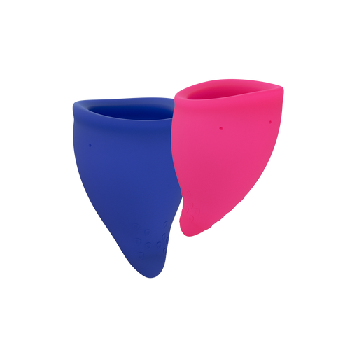FUN CUP menstrual cups in blue and pink for comfort.