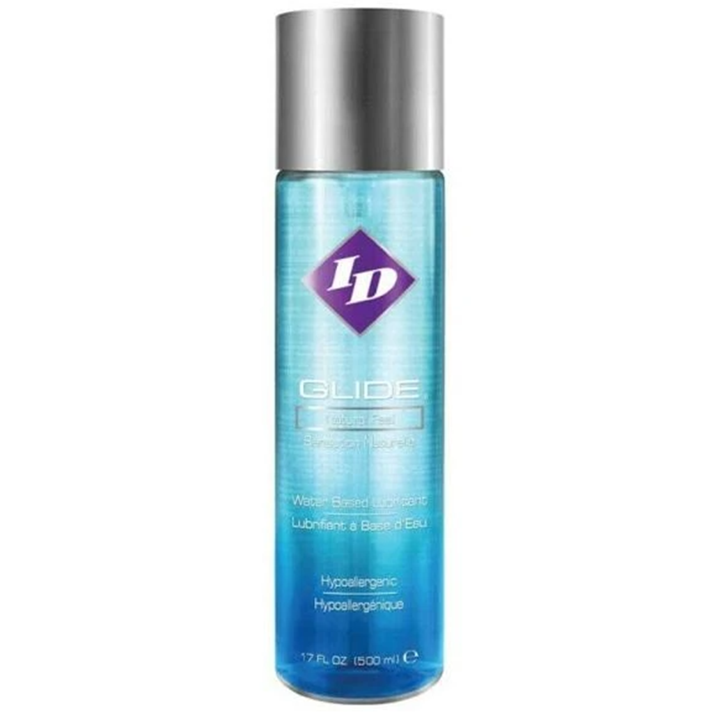 ID GLIDE 17 FL OZ (500ML) water-based lubricant, ideal for enhancing pleasure with sex toys and intimate wellness.