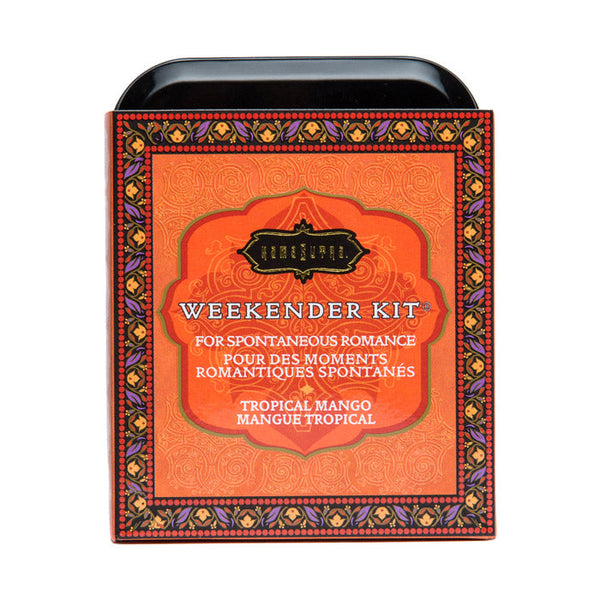 The Weekender Kit Tropical Mango packaging designed for spontaneous romance with adult toys and pleasure products.