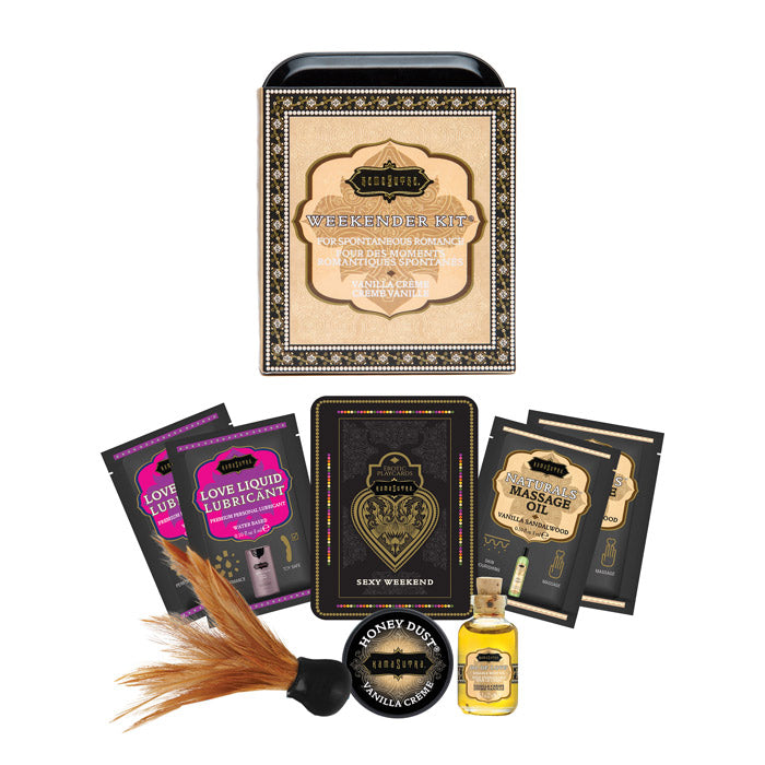 The Weekender Kit Vanilla Crème with sensual treats, including lubes, feather tickler, and erotic play cards for couples.