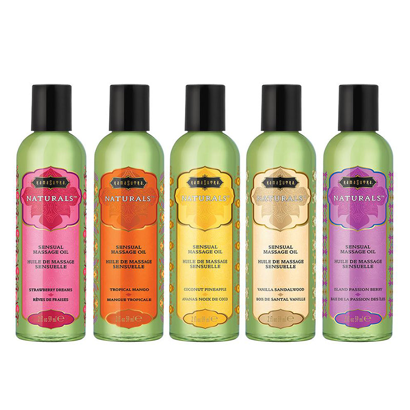Display - Naturals Massage Oil Prepack includes five 2oz sensual massage oil bottles for intimate wellness.