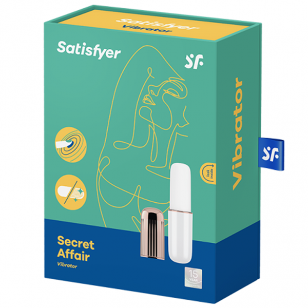 Packaging for Satisfyer Secret Affair - White/Bronze, a discreet vibrator for couples and individual pleasure.