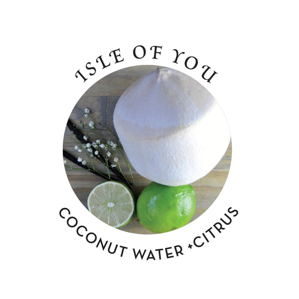 Isle of You Coconut Water + Citrus image featuring fresh coconut and lime for refreshing skin care.