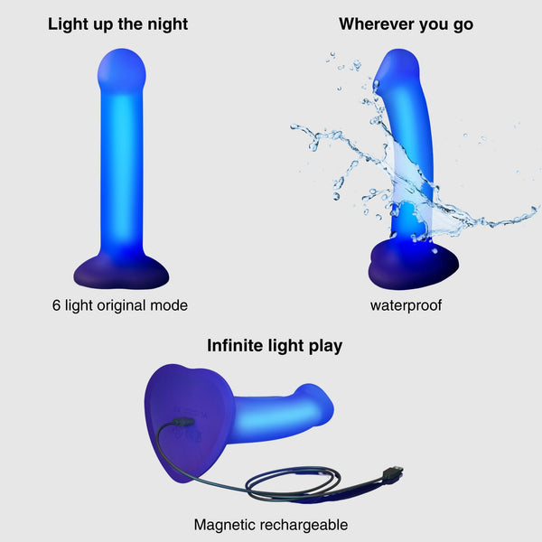 GLOW-LED DILDO PURPLE - M with 6 light modes and waterproof design