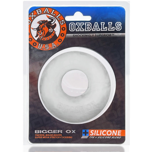BIGGER OX, thicker bulge maker super mega-stretch cockring - CLEAR ICE in packaging