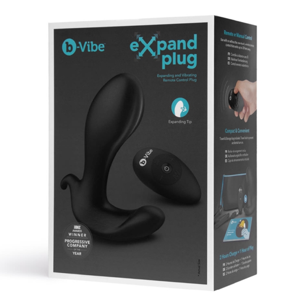 b-Vibe EXPAND PLUG packaging showcasing the expanding and vibrating remote control plug for intimate wellness.