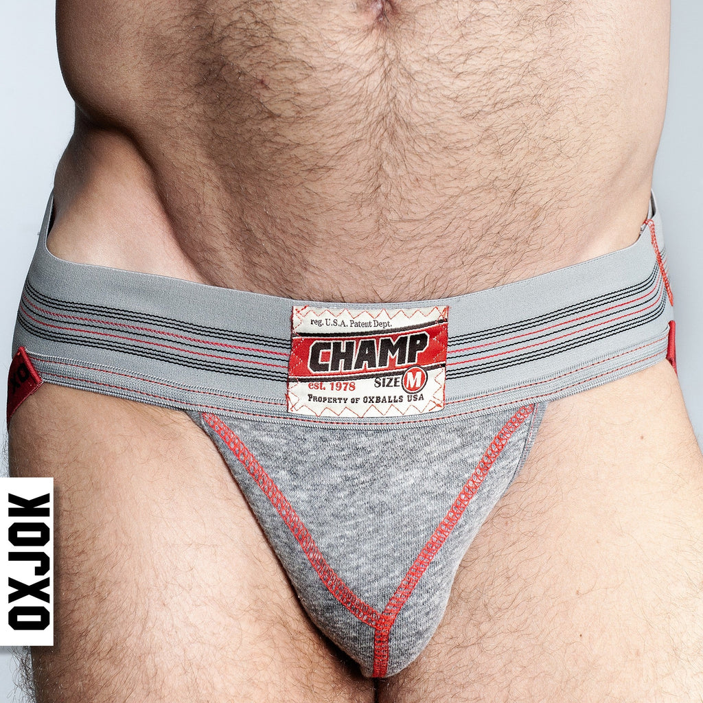 CHAMP, vintage sweatshirt jockstrap, GRAY HEATHER, LARGE showcasing soft inner brushed fleece and Y-CUT design.
