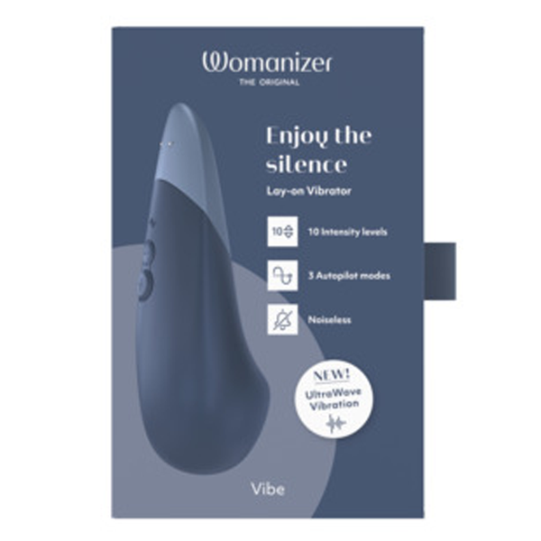 Vibe Dark Blue Womanizer vibrator on packaging, discreet sex toys Idaho
