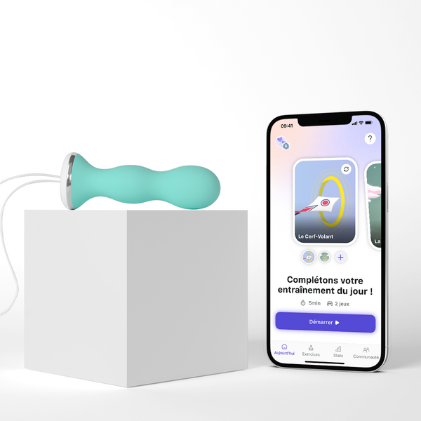 Perifit Care - Green pelvic floor trainer next to a smartphone app for interactive exercises and biofeedback.