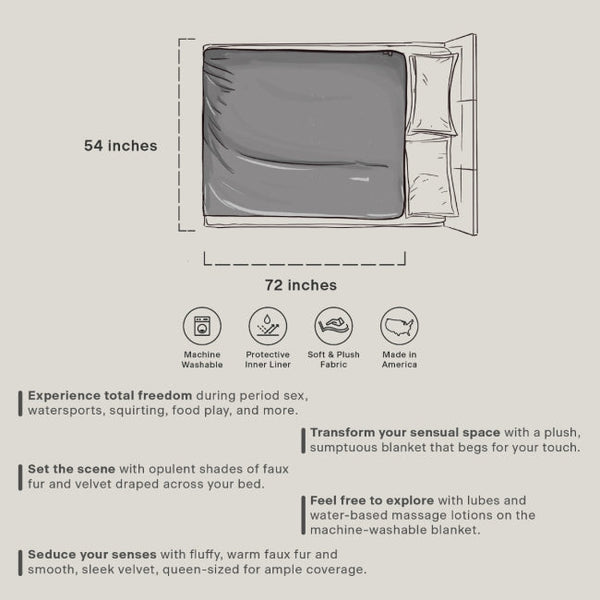 Fasinator Throw - Regular size - Faux Fur Grey & Black on a bed, perfect for adult play and intimacy.