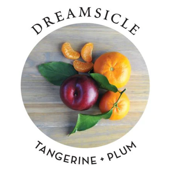 Dreamsicle tangerine and plum with vibrant fruits
