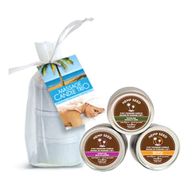 Mini Candle Trio Skinny Dip, Guavalava, and Dreamsicle 2 oz / 57 g set with hemp seed massage candles in a pouch.