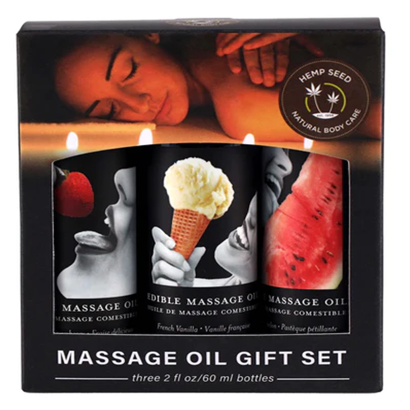 Edible Massage Oil Gift Set: Original 2 fl oz / 60 ml, featuring three flavors for couples' intimate wellness.
