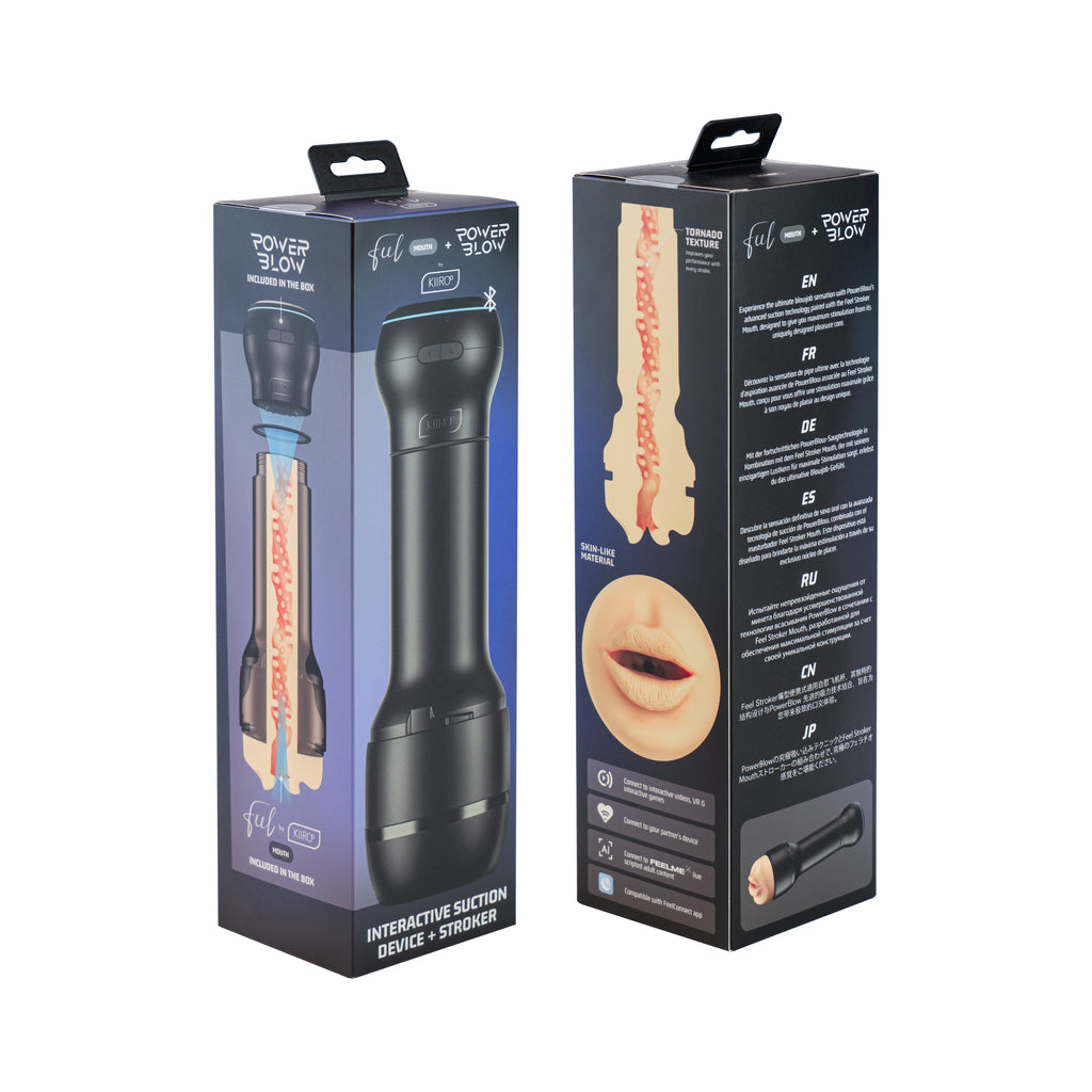 Power Blow + Generic Mouth packaging featuring interactive suction device and stroker for pleasure enhancement.