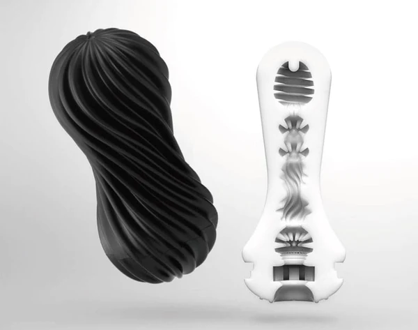 Flex Rocky Black reusable masturbation sleeve with spiralling ribs for enhanced pleasure. Ideal sex toys for men.
