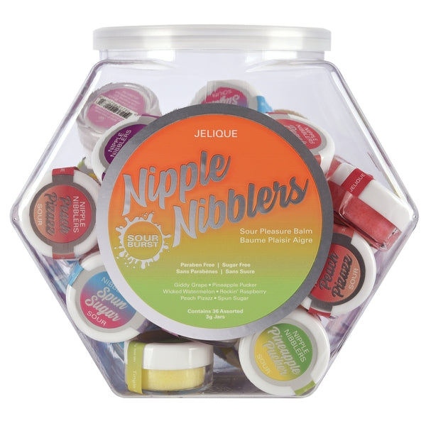 NIPPLE NIBBLERS Sour Pleasure Balm Assorted 3g Bowl of 36 - DISPLAY featuring kissable, sour burst formula in a clear container.