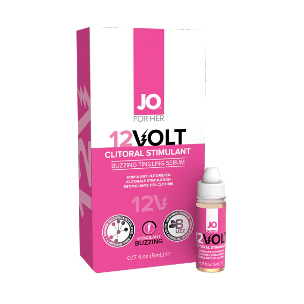 JO 12Volt Arousal Serum bottle and packaging, a premium clitoral stimulant for enhanced pleasure with sex toys.