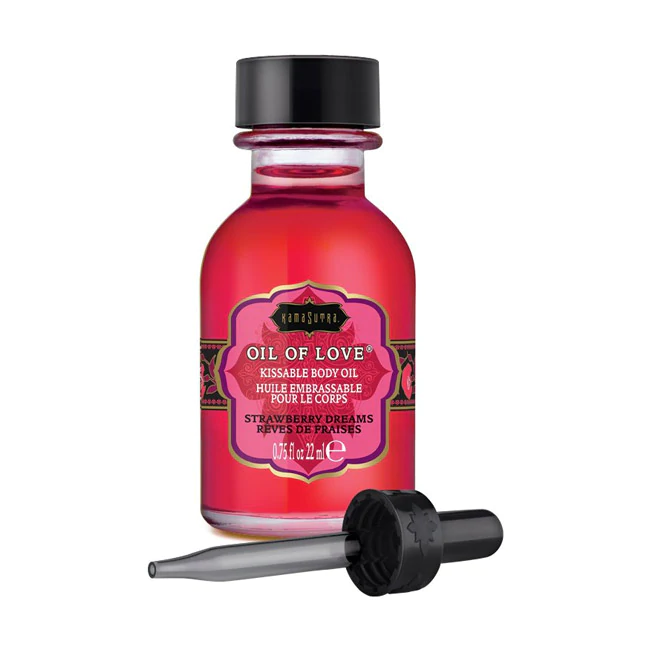 Oil of Love Strawberry Dreams kissable body oil for intimate moments. Ideal for pleasure toys and couples sex toys.