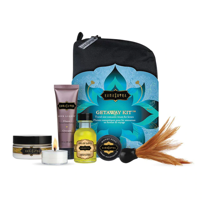 Getaway Kit for couples containing sensual treats and oils