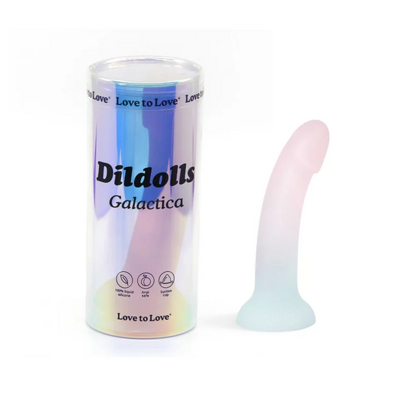 DILDOLLS - GALACTICA glass packaging with colorful dildo, premium sex toy, perfect for pleasure and intimate wellness.
