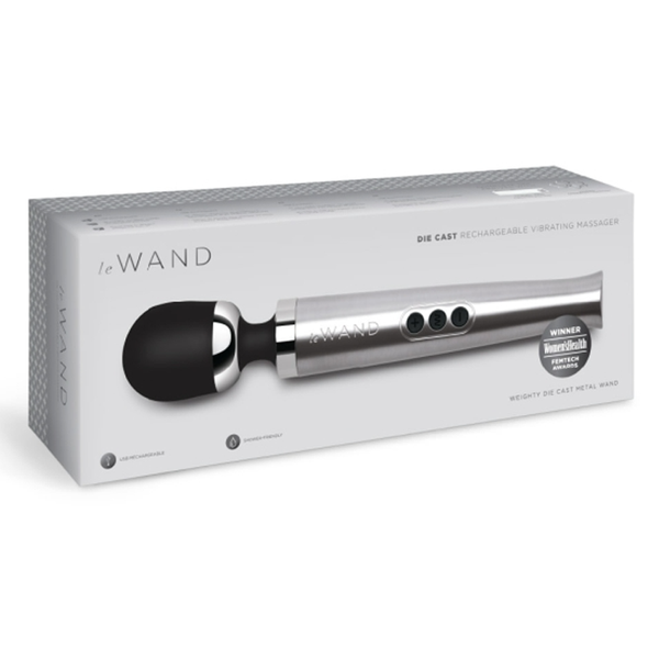 Die Cast Rechargeable Vibrating Massager - Silver packaging featuring a premium wand vibrator for ultimate pleasure.