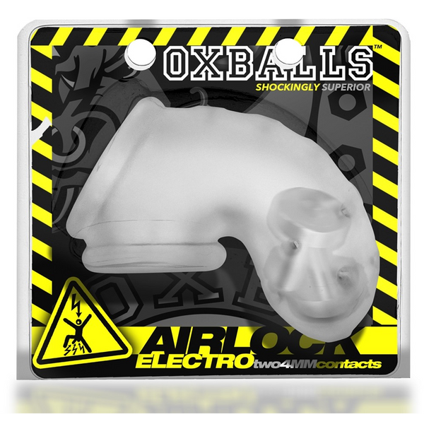 AIRLOCK ELECTRO, air-lite vented chastity, CLEAR ICE packaging in black and yellow design