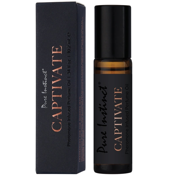 Captivate -10.2ml Pure Instinct Men's Collection Pheromone Perfume Oil next to its packaging for intimacy toys Idaho.