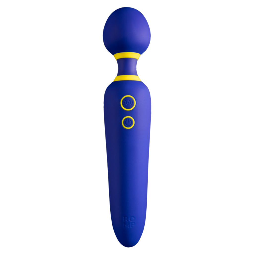 ROMP Flip magic wand vibrator in blue with yellow accents, designed for ultimate pleasure and relaxing massages.