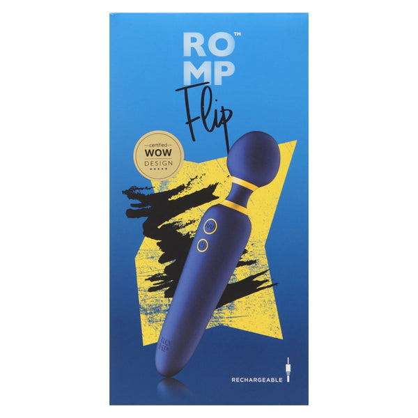 ROMP Flip wand vibrator packaging, perfect for pleasure, vibrating massage for couples and individual sexual wellness.