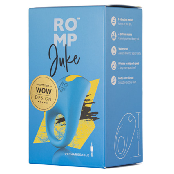 ROMP Juke cock ring packaging showcasing its features, designed for enhanced pleasure with sex toys.