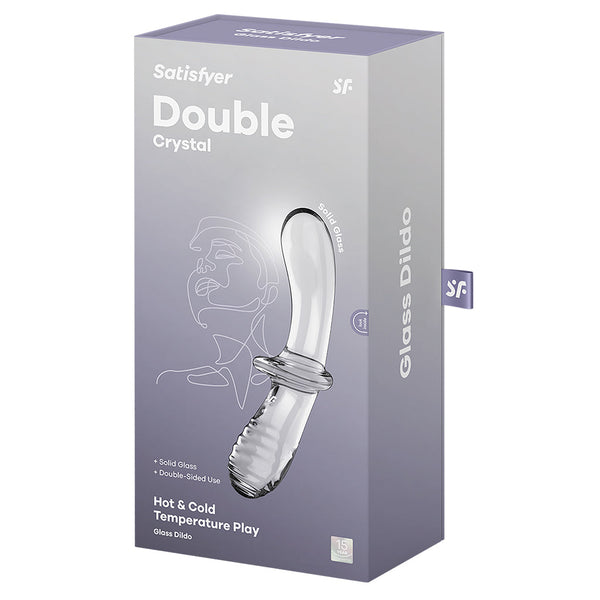 Product packaging for Satisfyer Double Crystal - Transparent glass dildo, ideal for temperature play and intimate wellness.
