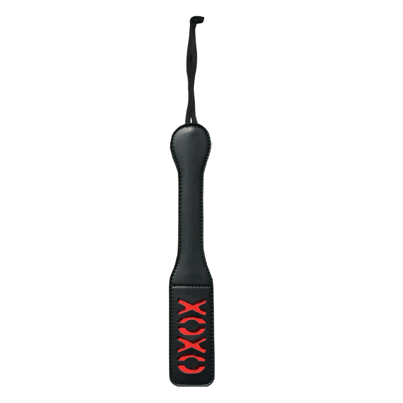 XOXO Paddle: Black, a vinyl paddle with red design, perfect for couples exploring sex toys and pleasure toys.