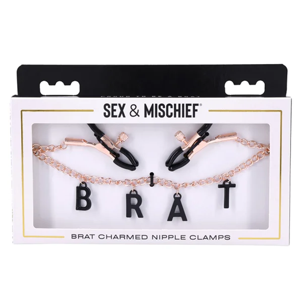 Brat Charmed Nipple Clamps for adult toys, featuring adjustable tension and black charms for a playful experience.