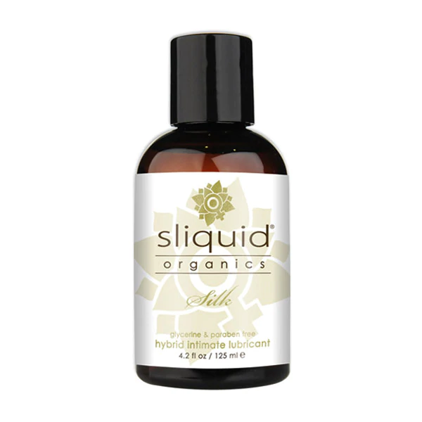 Sliquid Organics Silk 4.2oz hybrid intimate lubricant for sexual wellness and pleasure toys.