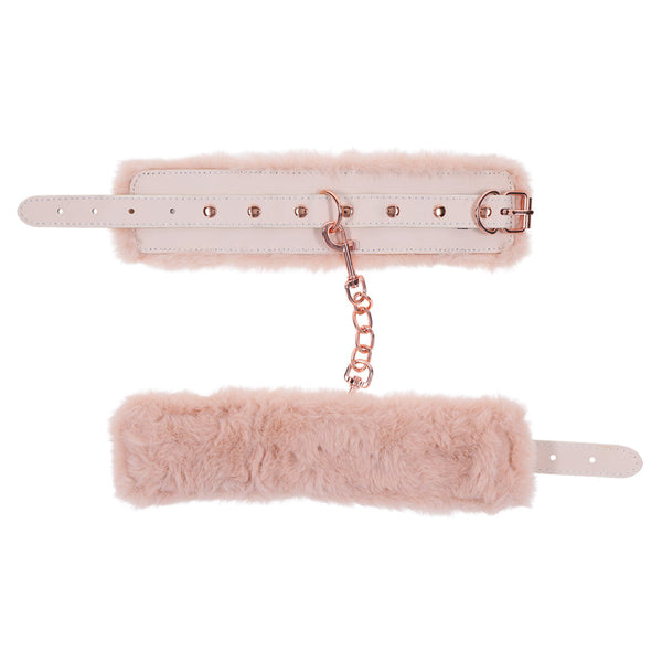 Peaches ‘n CreaMe Fur Handcuffs – soft peach faux fur adult toy for couples, enhancing intimacy and playful pleasure.