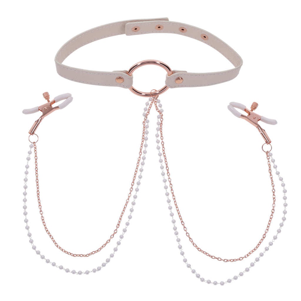 Peaches ‘n CreaMe Collar with Nipple Clamps featuring rose gold hardware and pearl chains for playful adult toy experiences.