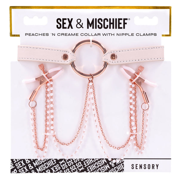 Peaches ‘n CreaMe Collar with Nipple Clamps, premium pleasure toy with soft faux fur and rose gold accents.
