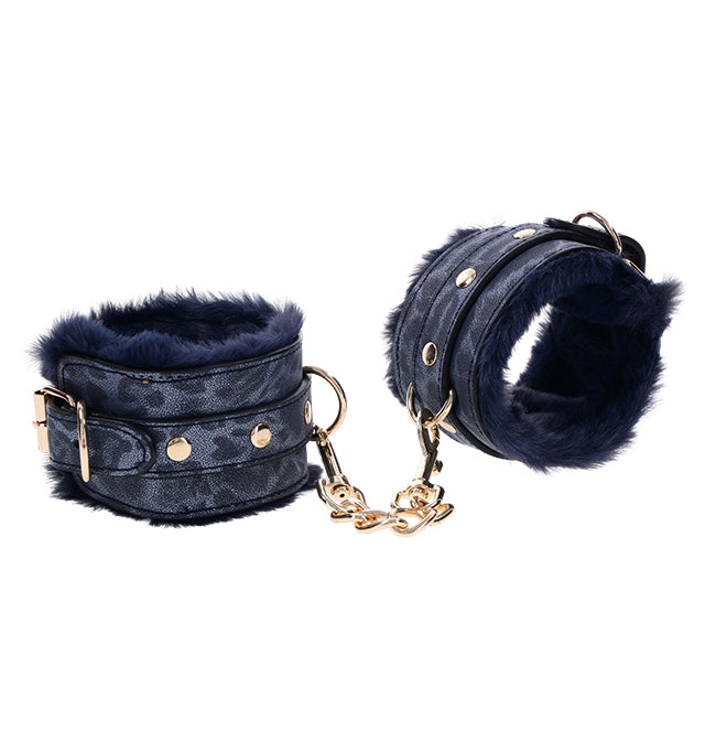 Cougar Fur Handcuffs in rich blue faux fur with gold hardware, ideal for sophisticated seduction and playful restraint.