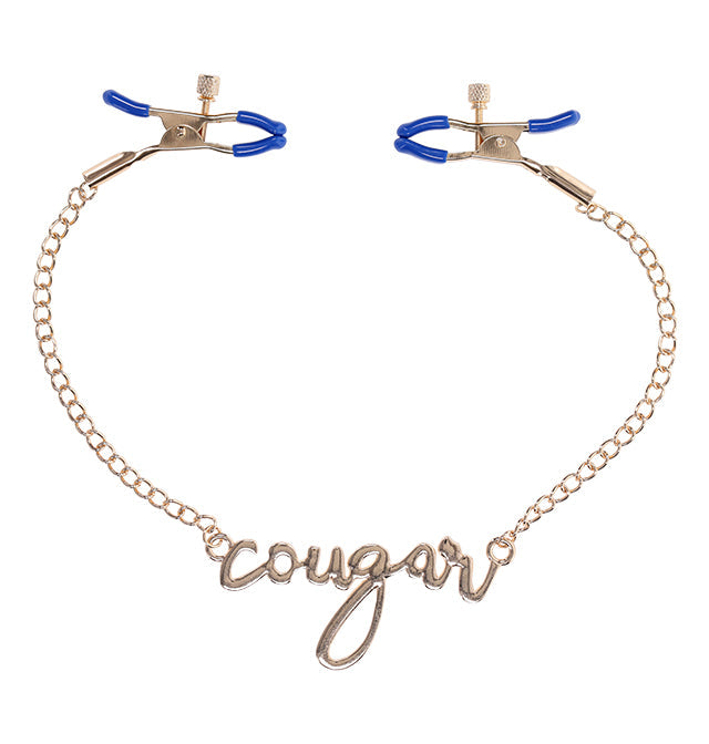 Cougar Nipple Clamps with gold chain and blue accents, premium sex toys Idaho