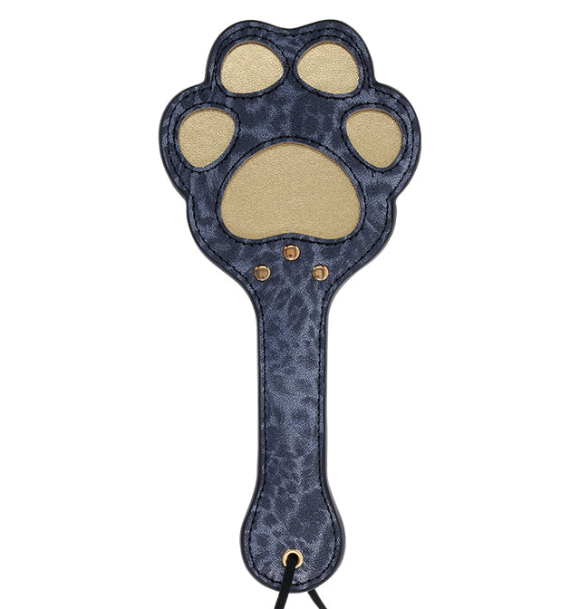 Cougar Paw Paddle made of blue leopard printed faux leather with paw-shaped cutouts for playful adult toy adventures.